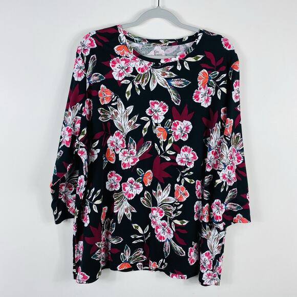 Kim Rogers Size 2X Floral Print Perfectly Soft 3/4 Sleeve Tee Top Black - Picture 1 of 4